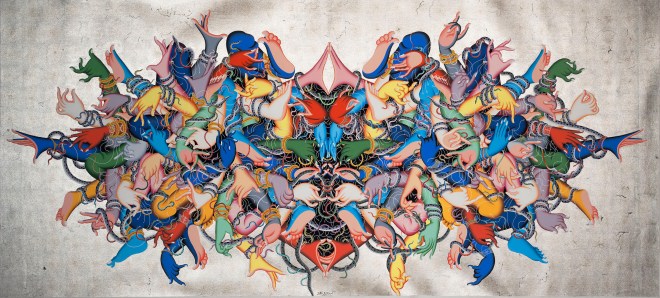 Tsherin SHERPA Title:Muted Expression Size: 		46 x 102 inches Year: 		2015 Platinum leaf, acrylic and ink on canvas Muted Expression - HighRes, 7/13/15, 11:02 AM, 16C, 4722x9877 (1987+444), 108%, Custom,  1/20 s, R14.2, G9.0, B29.4